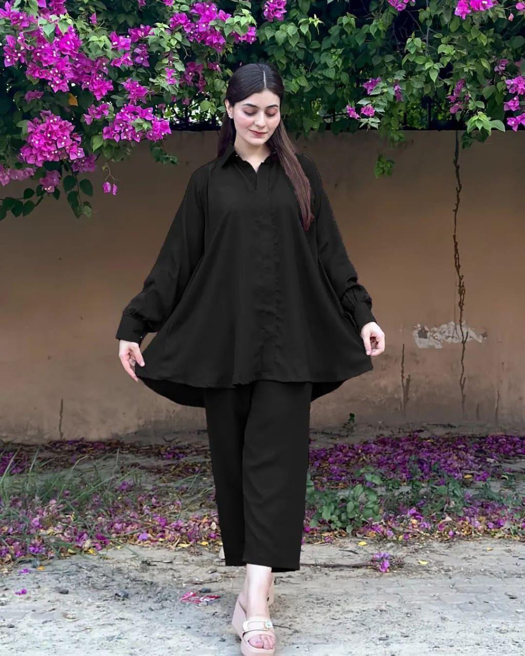 Stylish Black Georgette Co-Ord Set - 2 Pcs in Plain Pattern