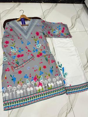 2 Pcs Women's Stitched Swiss Lawn Printed Shirt And Trouser
