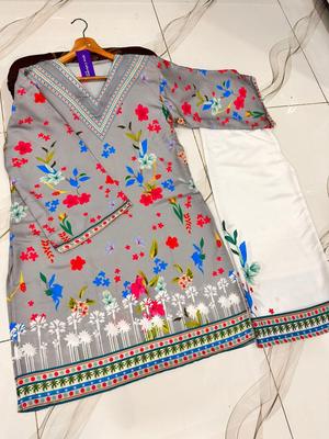 2 Pcs Women's Stitched Swiss Lawn Printed Shirt And Trouser