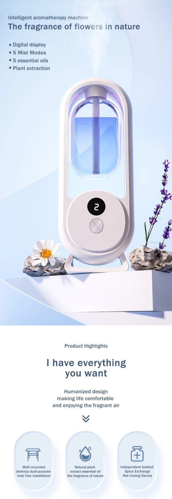 Rechargeable 5-mode Aromatic Diffuser – Timed Essential Oil Air Freshener For Bedroom, Living Room & Bathroom 50m  ^^l